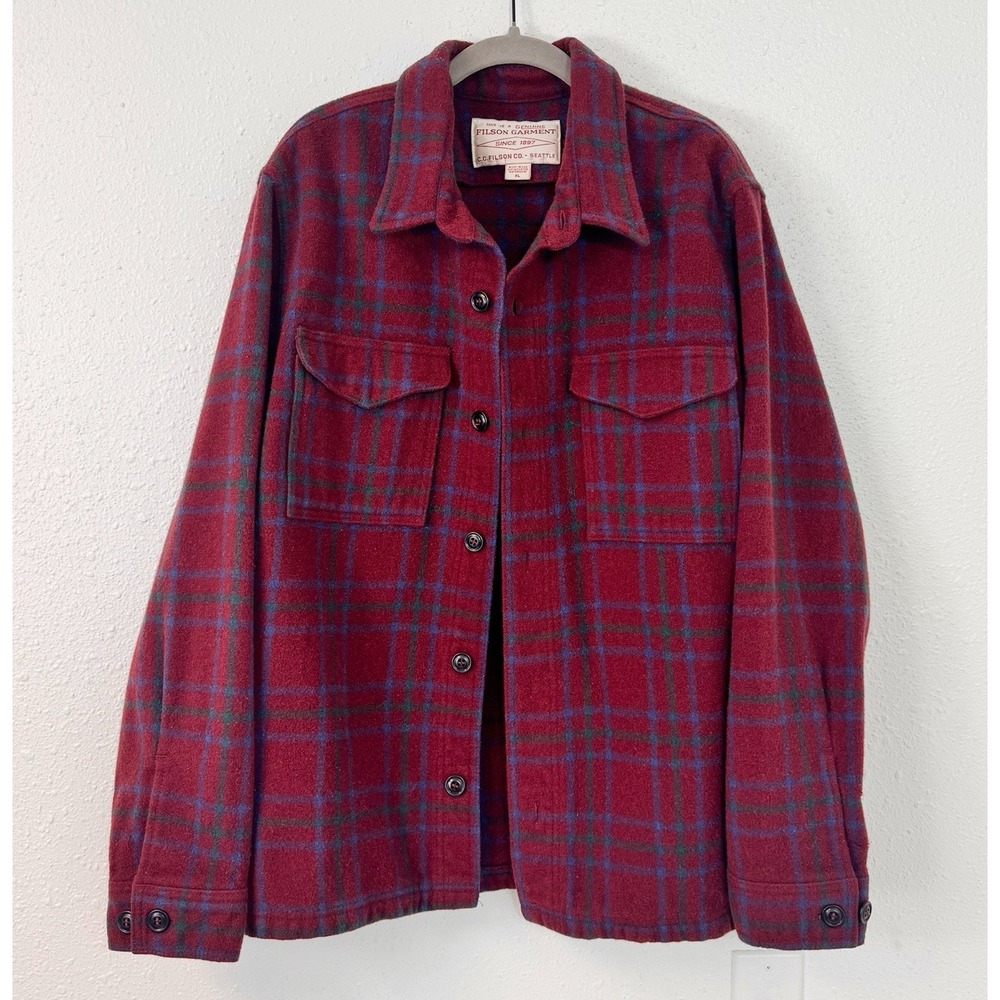 Filson Seattle Jac Shirt Wool Jacket Burgundy Deep Red Plaid Rare USA Size XL
